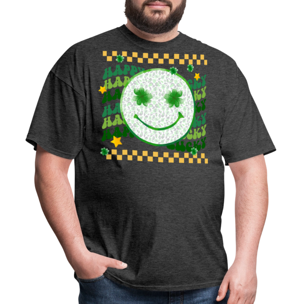 Lucky Shamrock Graphic Tee St Patrick’s Day Smiley Face T-shirt - heather black