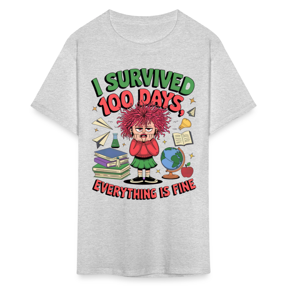 I Survived 100 Days Everything is Fine Tee Funny School Anniversary T-Shirt - heather gray