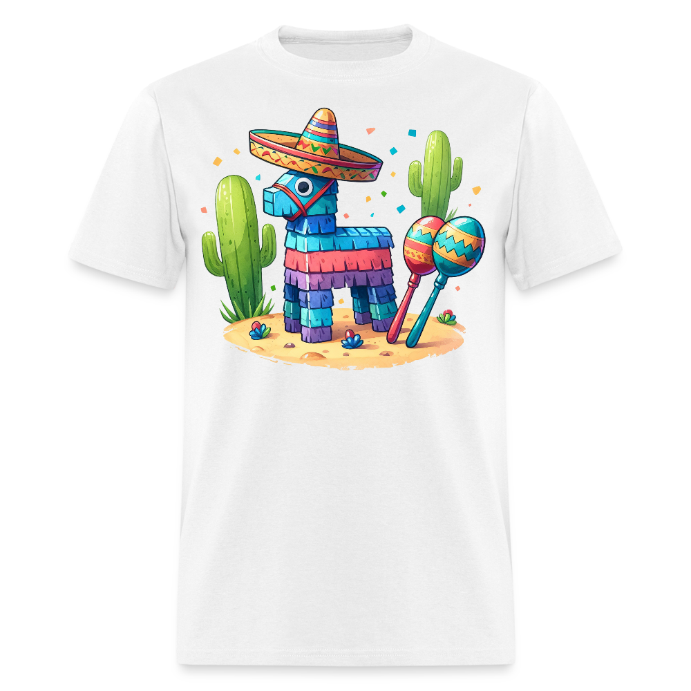 Funny Fiesta-themed Graphic Tee Colorful Piñata with Sombrero T-shirt - white