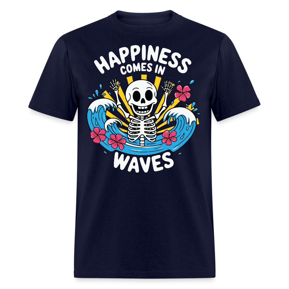 Happiness Comes In Waves Tropical Skeleton Summer T-shirt - navy
