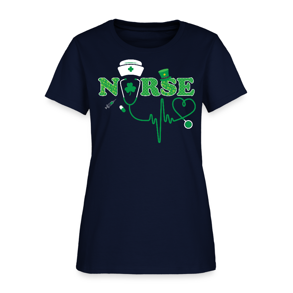 Nurse Stethoscope Heartbeat St Patricks Day T-Shirt - navy