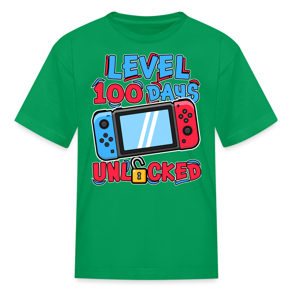 100 Days Unlocked Video Game Tee Gaming Milestone Kids T-shirt - kelly green