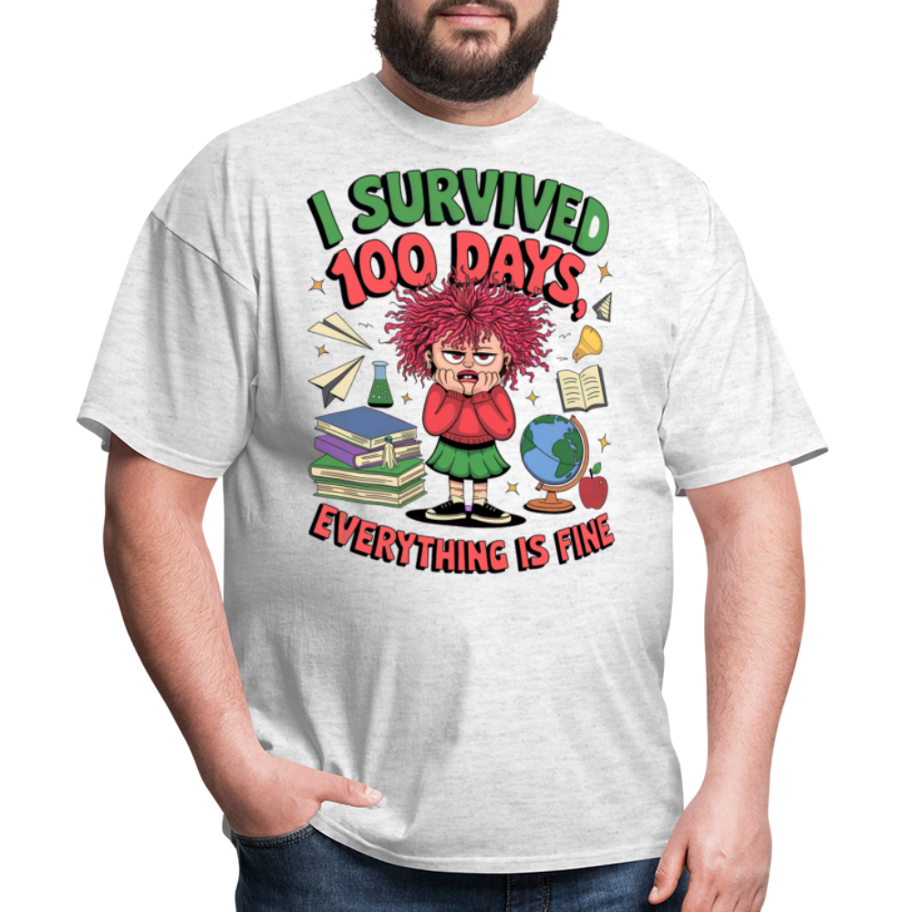 I Survived 100 Days Everything is Fine Tee Funny School Anniversary T-Shirt - light heather gray