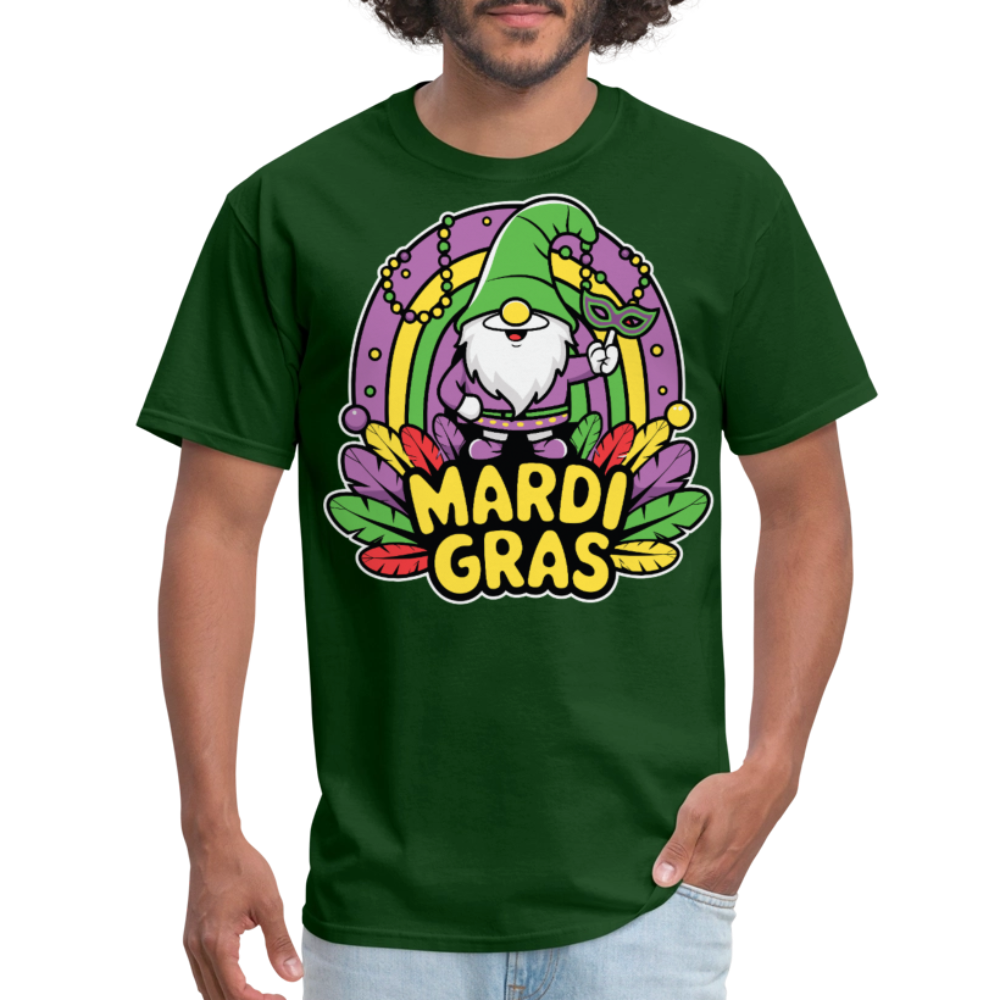 Cute Gnome Mardi Gras Shirt With Beads And Mask Colorful Festival Gnome T-shirt - forest green