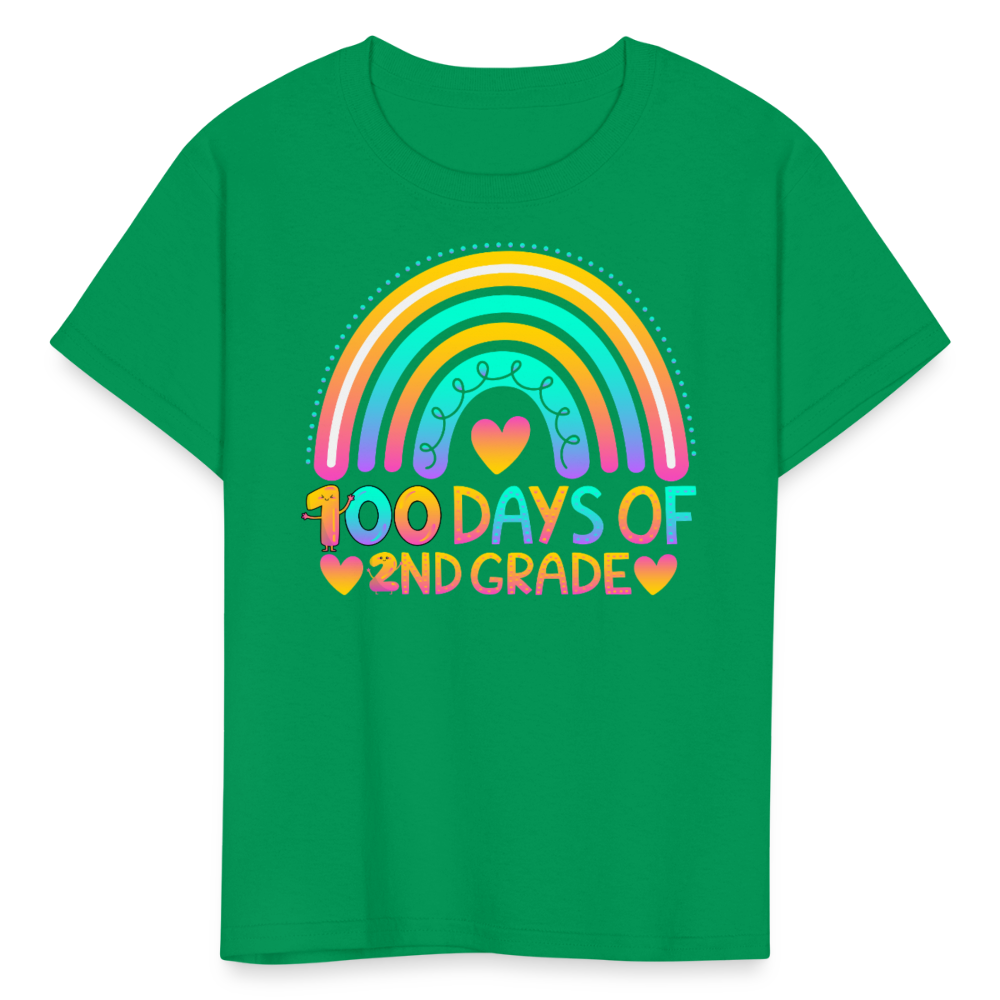 Rainbow & Heart Design for School Celebrations 100 Days of 2nd Grade Kid T-Shirt - kelly green