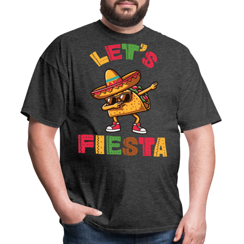 Sombrero-wearing Taco Cartoon Tee Let’s Fiesta Taco Dab T-shirt - heather black