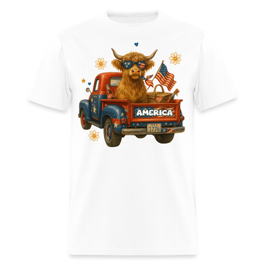 Patriotic Highland Cow Funny Farm Animal T-Shirt - white