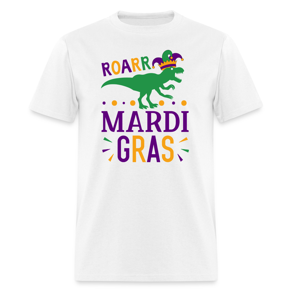 Roar Mardi Gras T-Rex Graphic Tee Funny Mardi Gras T-shirt - white