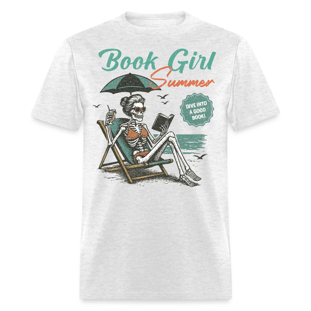 Bookish Summer Skeleton Beach Reading T-shirt - light heather gray