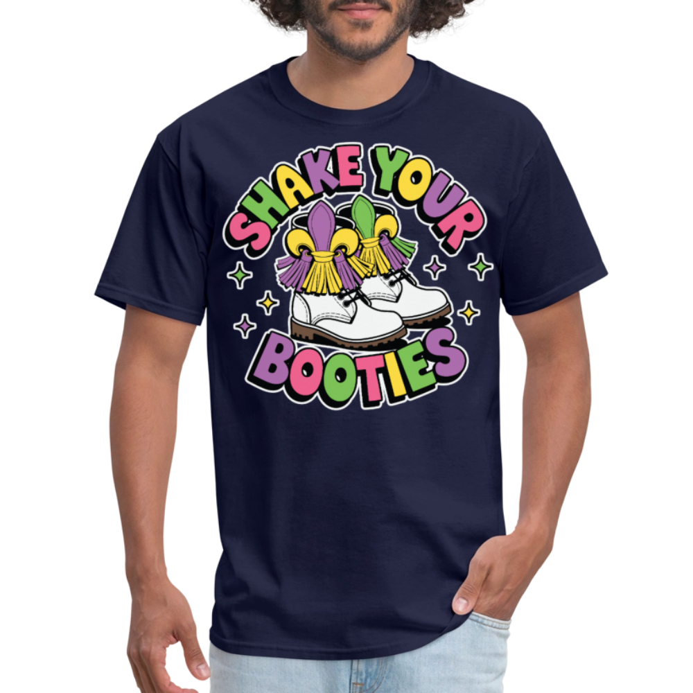 Mardi Gras Shirt With Boots And Tassels Funny Shake Your Booties T-shirt - navy