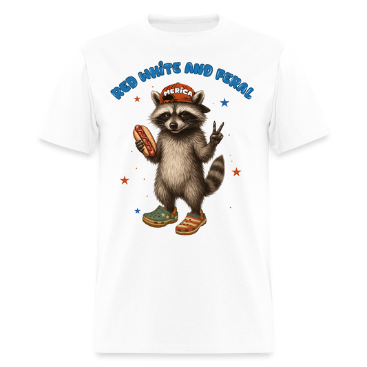 Red White And Feral Funny Patriotic Raccoon T-Shirt - white