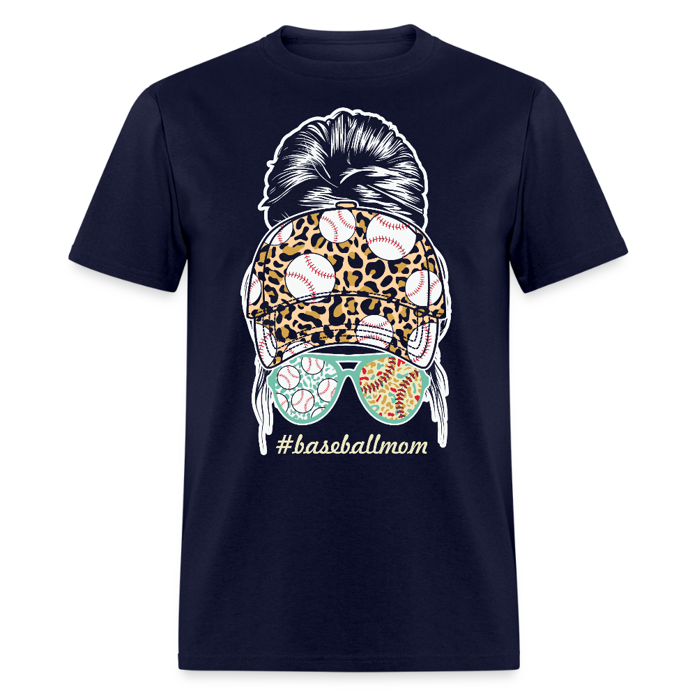 Leopard Print Baseball Mom Messy Bun Graphic T-shirt - navy