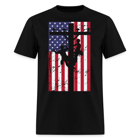 Distress American Flag Lineman T-Shirt - black