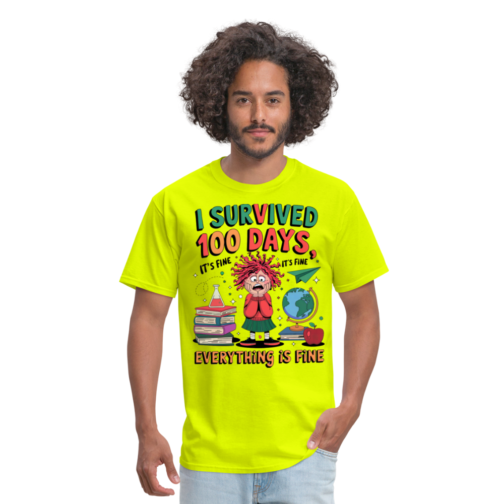 I Survived 100 Days of School Shirt - Funny Teacher and Student Celebration Unisex T-Shirt - safety green