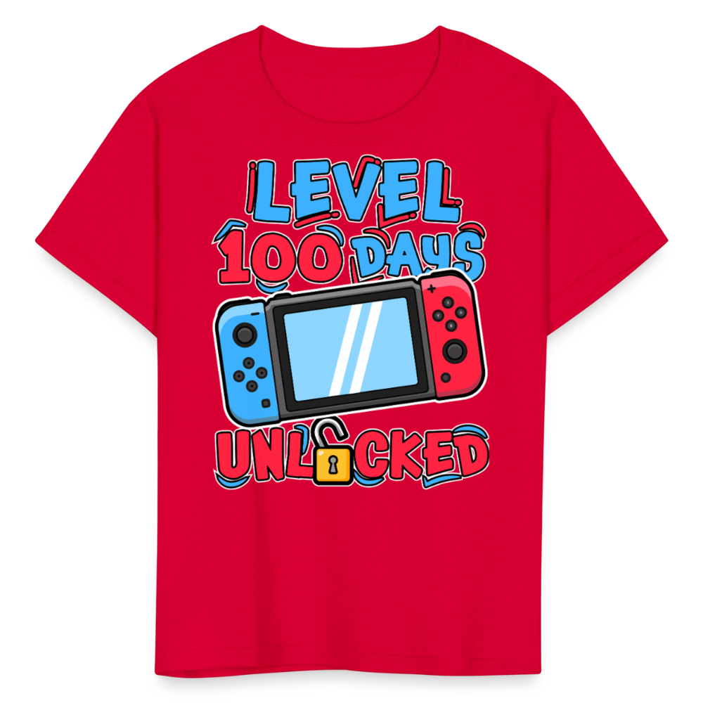 100 Days Unlocked Video Game Tee Gaming Milestone Kids T-shirt - red