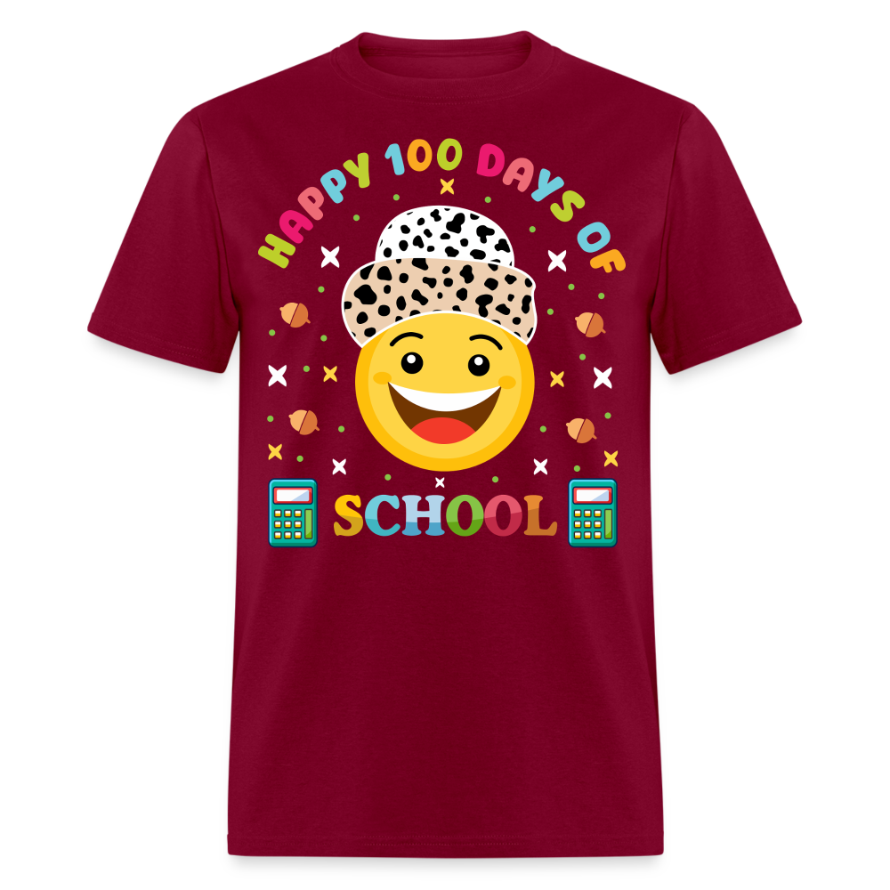 Happy 100 Days of School Teacher Tee 100 Days Smiley Face T-shirt - burgundy