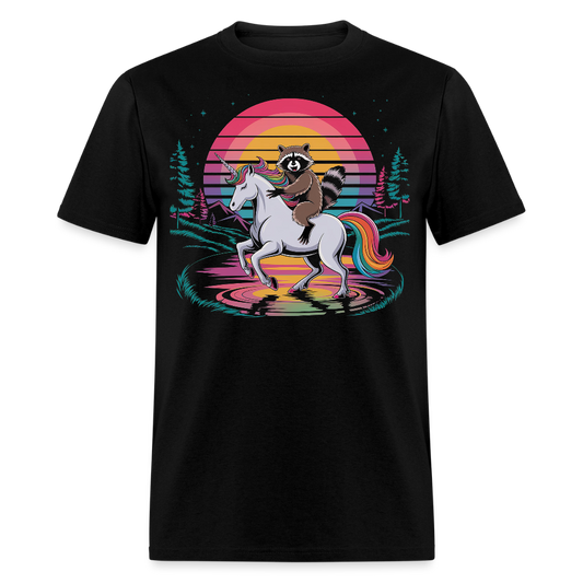 Colorful Retro Raccoon Riding Unicorn T-shirt - black