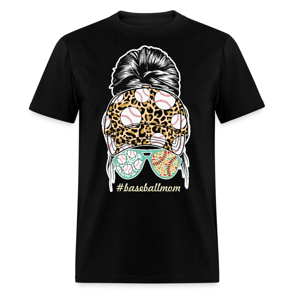 Leopard Print Baseball Mom Messy Bun Graphic T-shirt - black