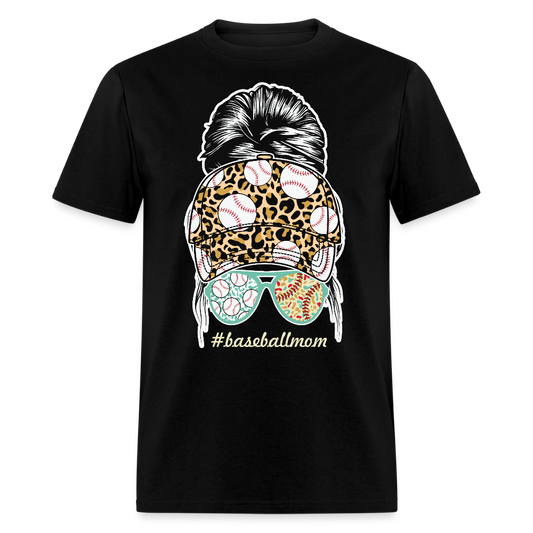 Leopard Print Baseball Mom Messy Bun Graphic T-shirt - black