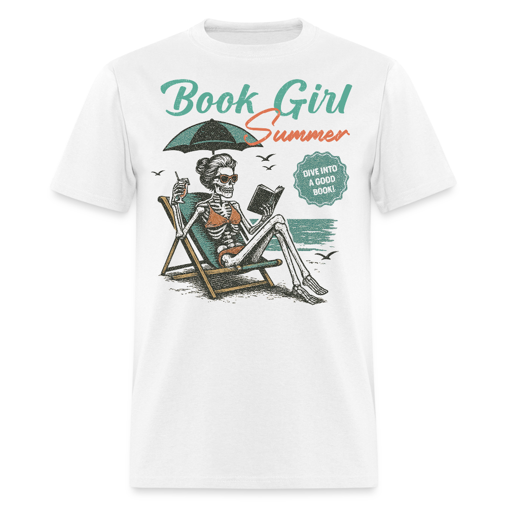 Bookish Summer Skeleton Beach Reading T-shirt - white