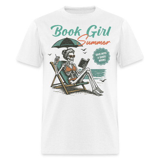 Bookish Summer Skeleton Beach Reading T-shirt - white