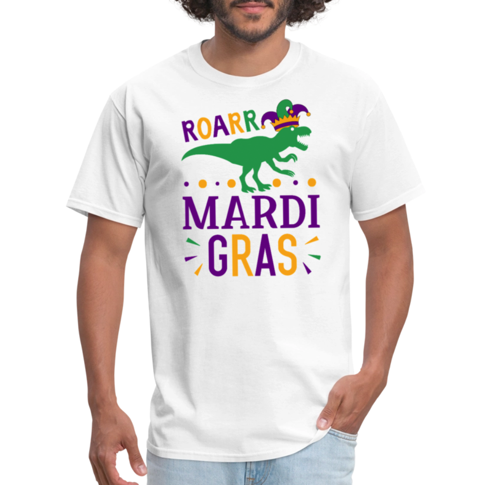 Roar Mardi Gras T-Rex Graphic Tee Funny Mardi Gras T-shirt - white