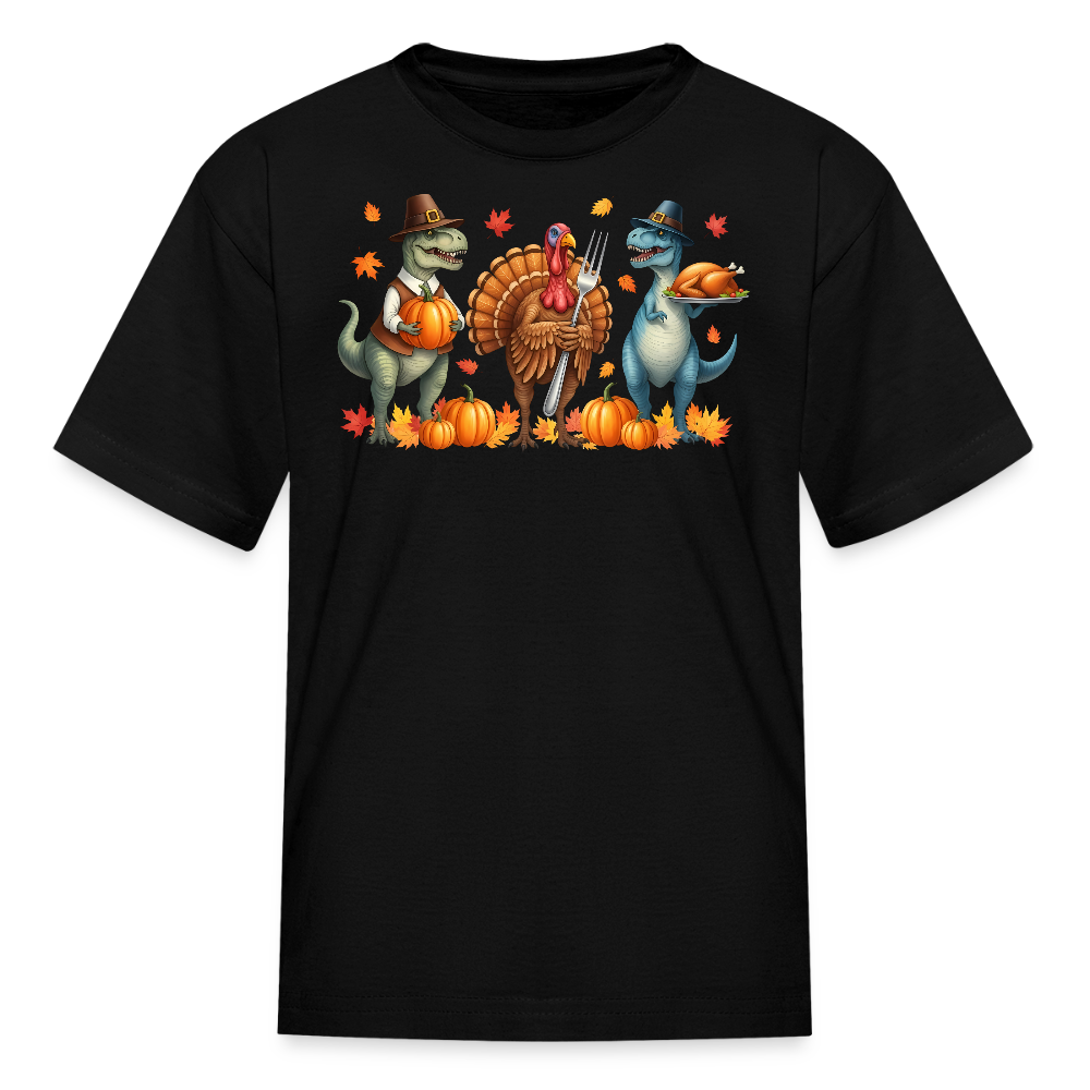 Funny Dinosaur & Turkey Thanksgiving Kids' T-Shirt - black