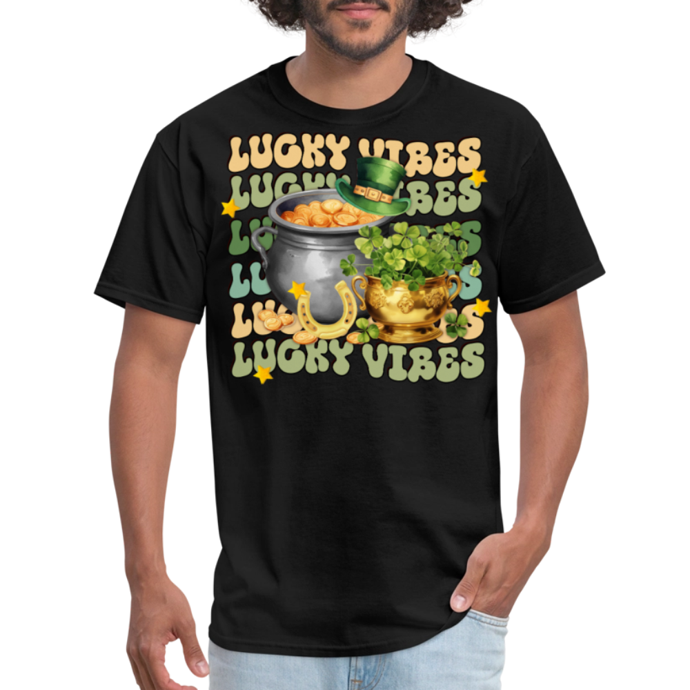 Retro-style St Patrick's Day Lucky Vibes T-shirt - black