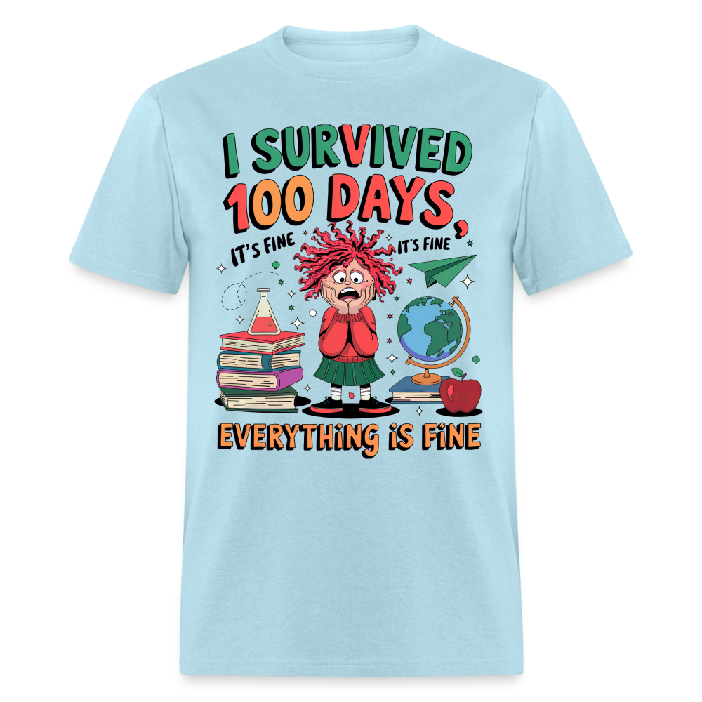 I Survived 100 Days of School Shirt - Funny Teacher and Student Celebration Unisex T-Shirt - powder blue