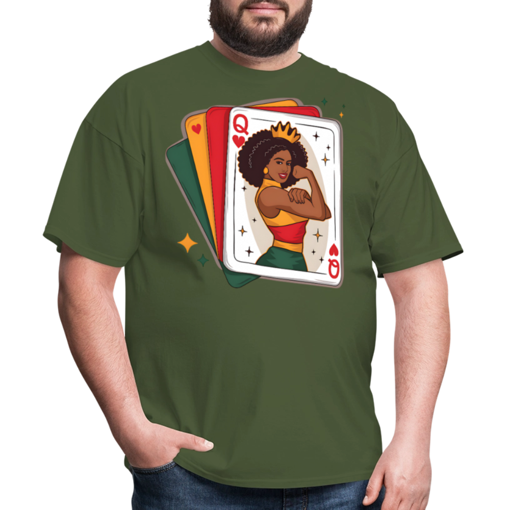 African American Queen Graphic Tee Black Queen Playing Card T-shirt - military green