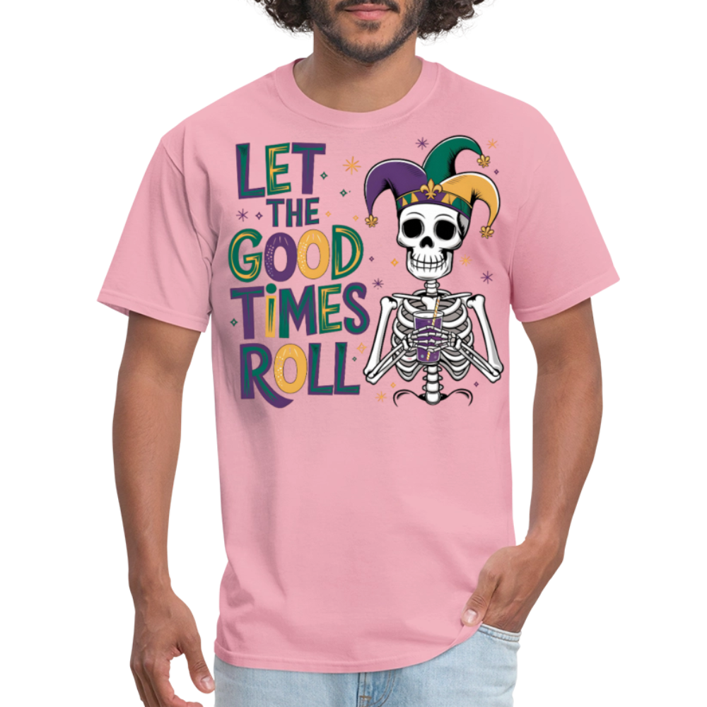 Let the Good Times Roll Mardi Gras Tee Funny Skeleton Jester Hat T-shirt - pink