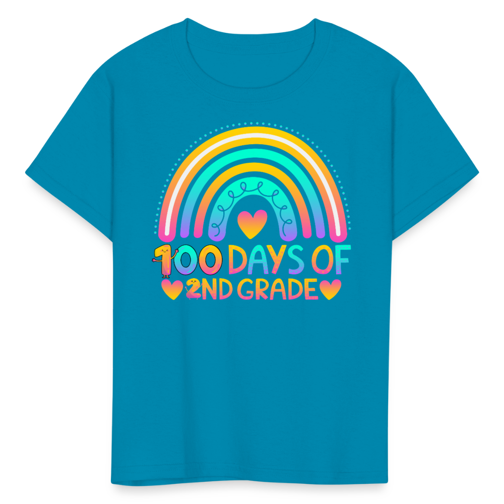 Rainbow & Heart Design for School Celebrations 100 Days of 2nd Grade Kid T-Shirt - turquoise