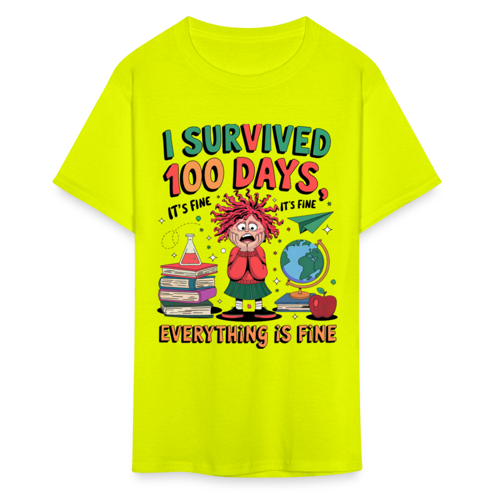 I Survived 100 Days of School Shirt - Funny Teacher and Student Celebration Unisex T-Shirt - safety green