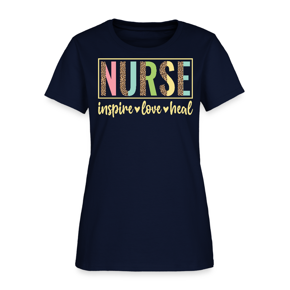 Nurse Inspire Love Heal Leopard Print T-Shirt - navy