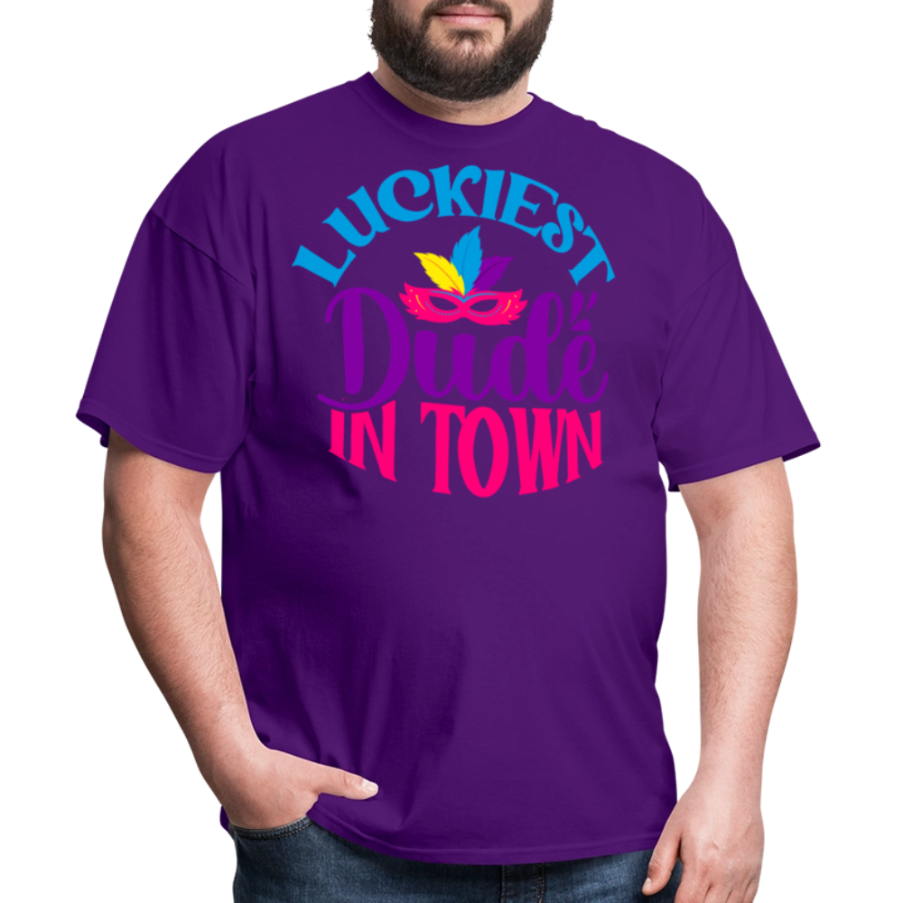 Luckiest Dude in Town Mardi Gras T-shirt - purple