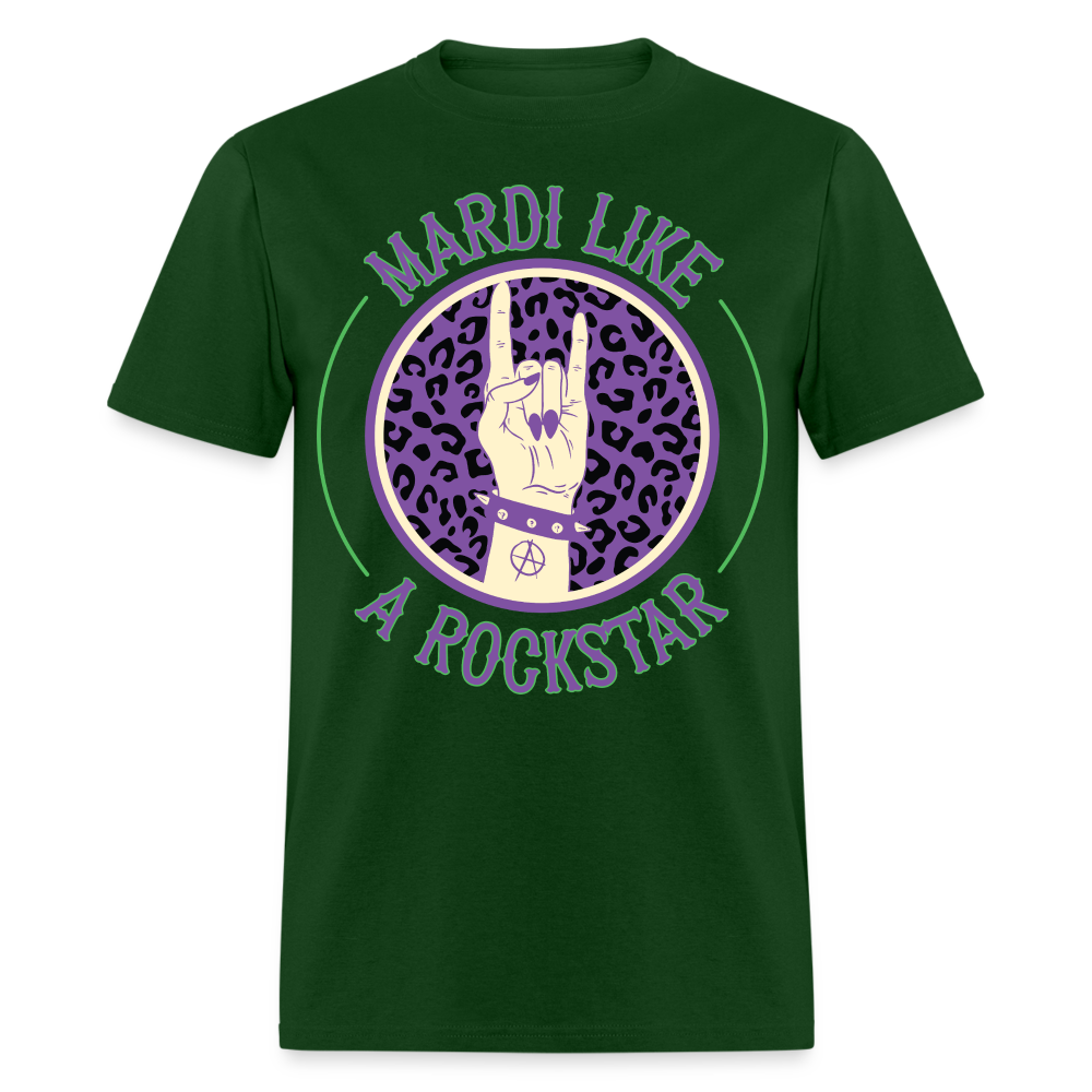 Leopard Print Rock Hand Gesture Tee Mardi Gras Rockstar T-shirt - forest green