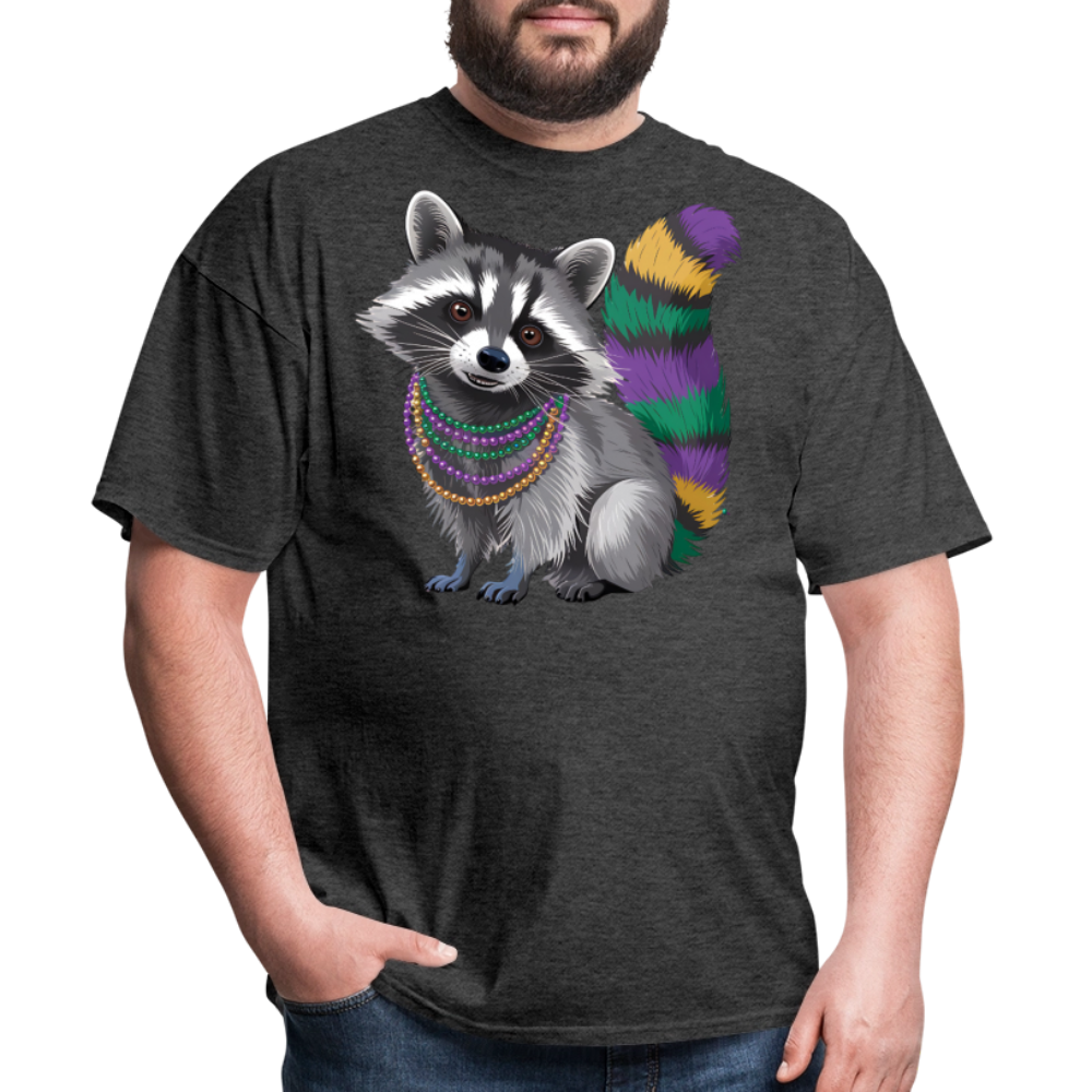 Cute Raccoon Mardi Gras Outfit With Beads Colorful Mardi Gras T-shirt - heather black