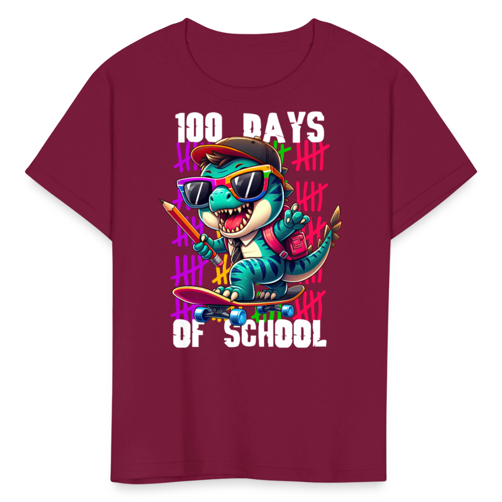 Dinosaur 100th day of school Tee Skater Dinosaur Kids School T-shirt - burgundy