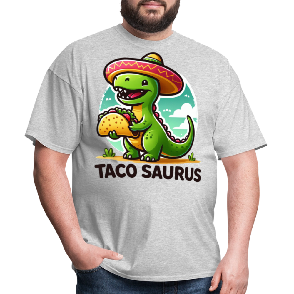 Cute Dino Holding A Taco Graphic Tee Funny Dinosaur Taco T-shirt - heather gray