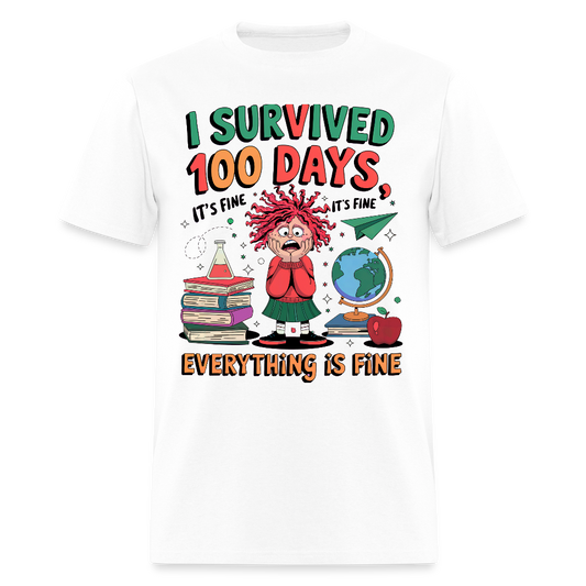 I Survived 100 Days of School Shirt - Funny Teacher and Student Celebration Unisex T-Shirt - white