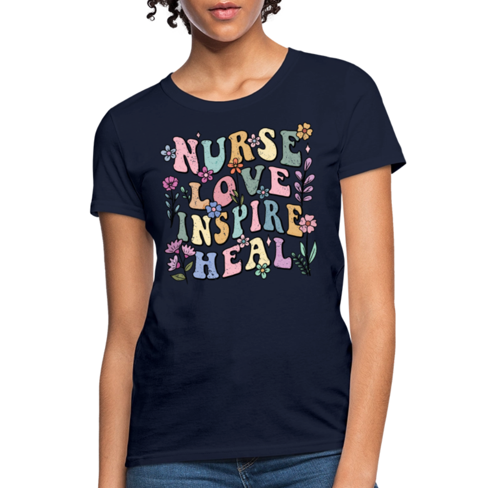 Colorful Retro Nurse Love Inspire Heal T-Shirt - navy