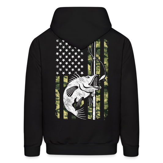 American Flag Fish Hook Patriotic Bass Fishing Hoodie - black
