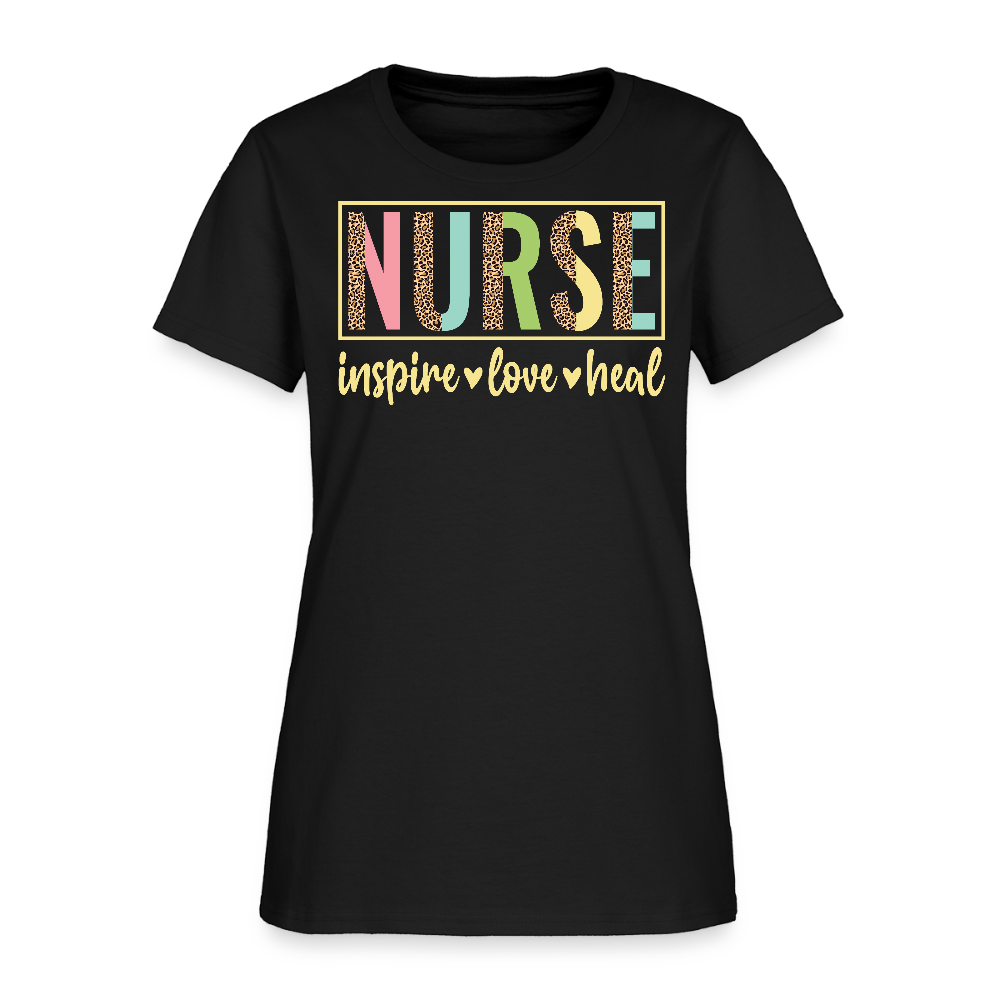 Nurse Inspire Love Heal Leopard Print T-Shirt - black
