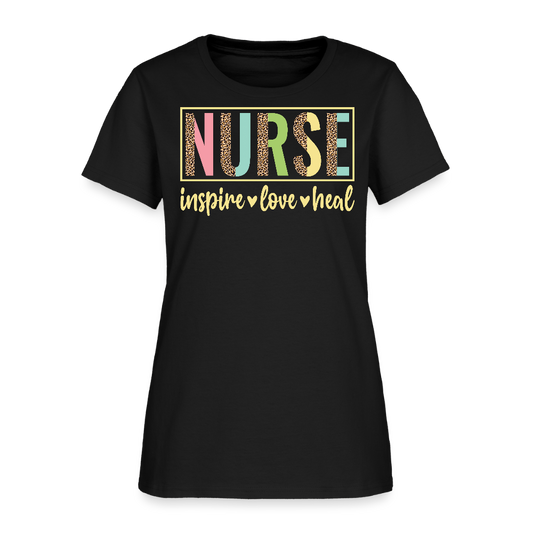 Nurse Inspire Love Heal Leopard Print T-Shirt - black