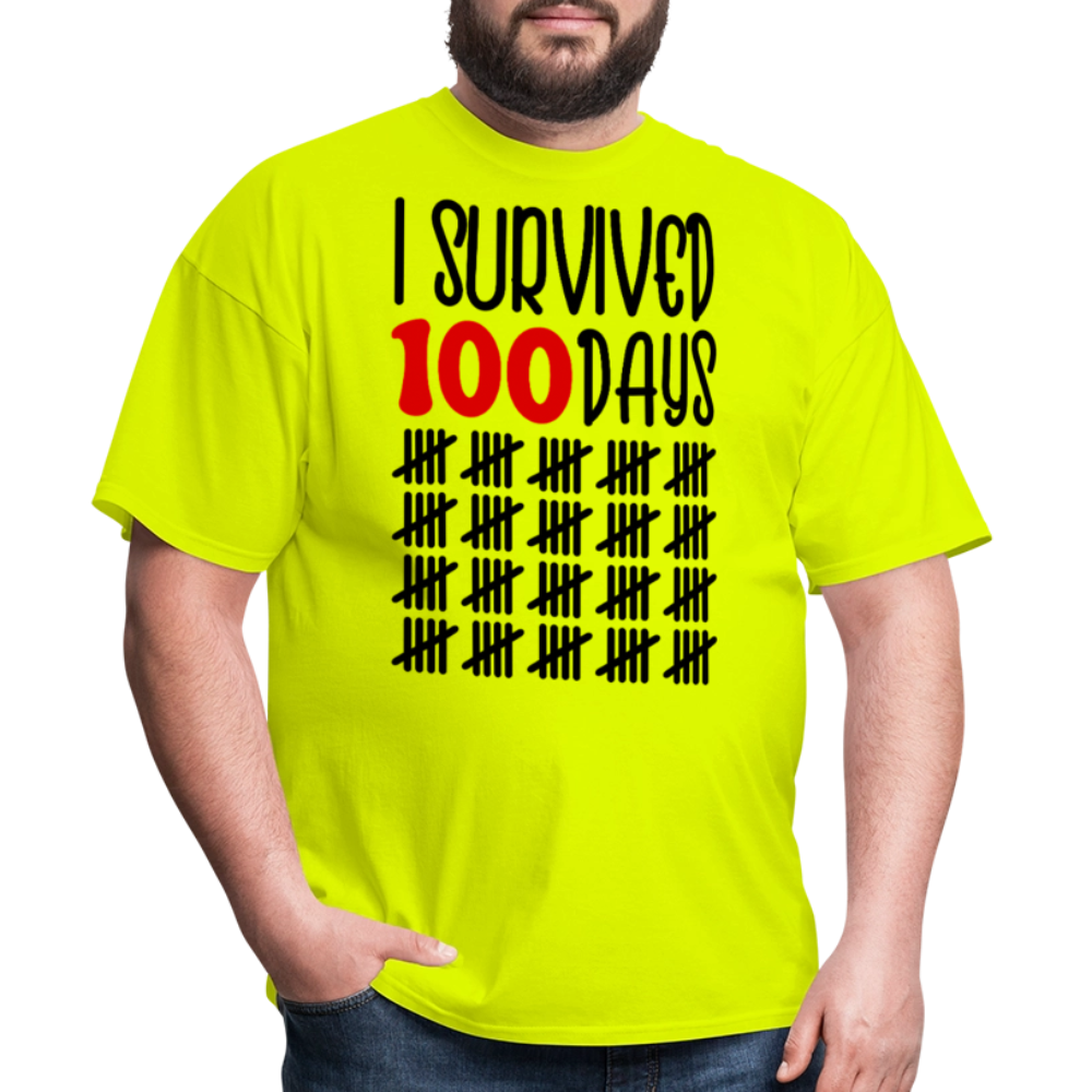 Funny 100 Days Survived School Tee Teacher Appreciation T-shirt - safety green