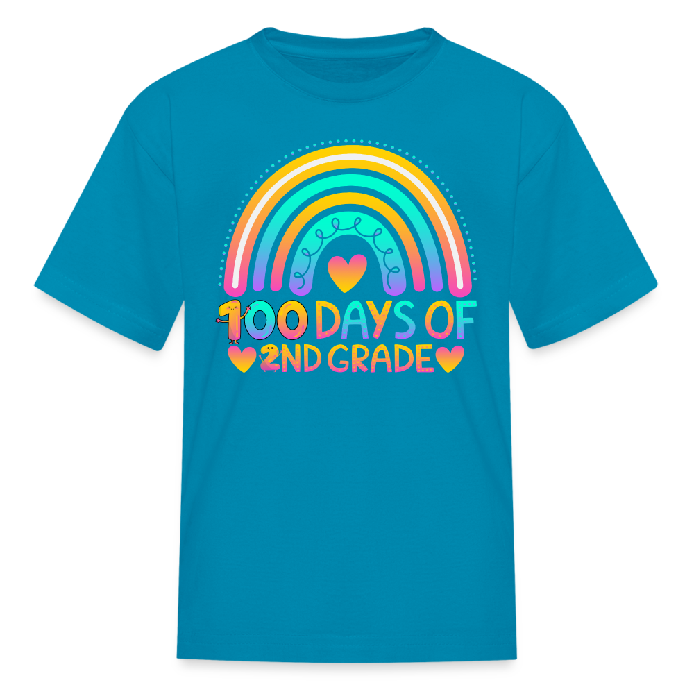 Rainbow & Heart Design for School Celebrations 100 Days of 2nd Grade Kid T-Shirt - turquoise