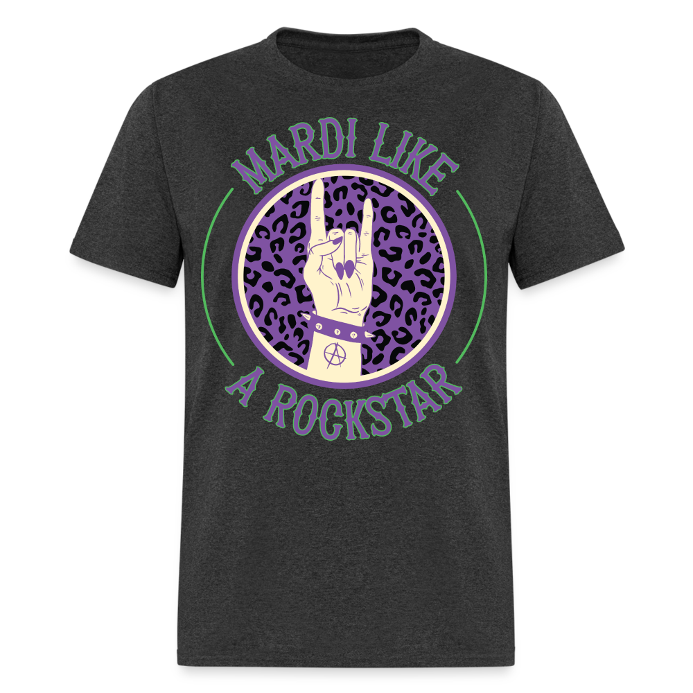 Leopard Print Rock Hand Gesture Tee Mardi Gras Rockstar T-shirt - heather black