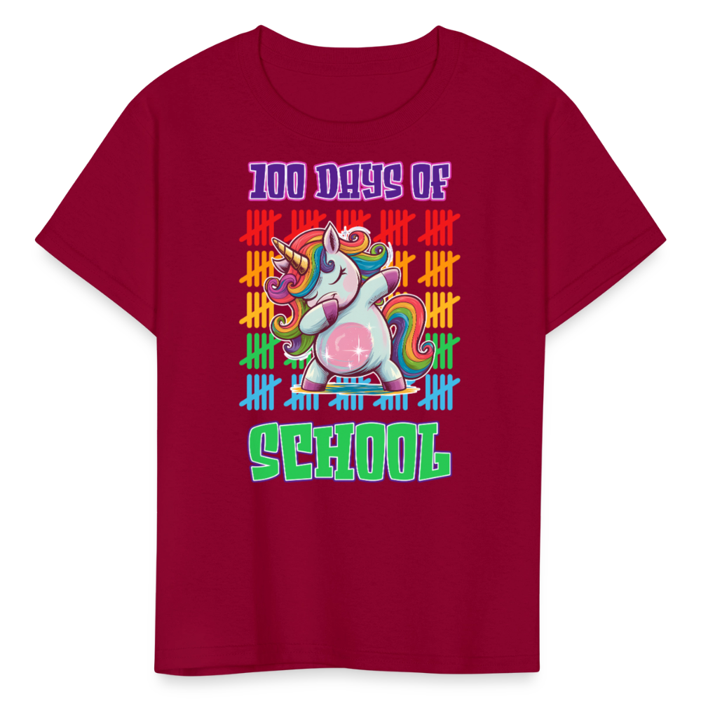 100 Days Of School Unicorn Kids T-Shirt - dark red