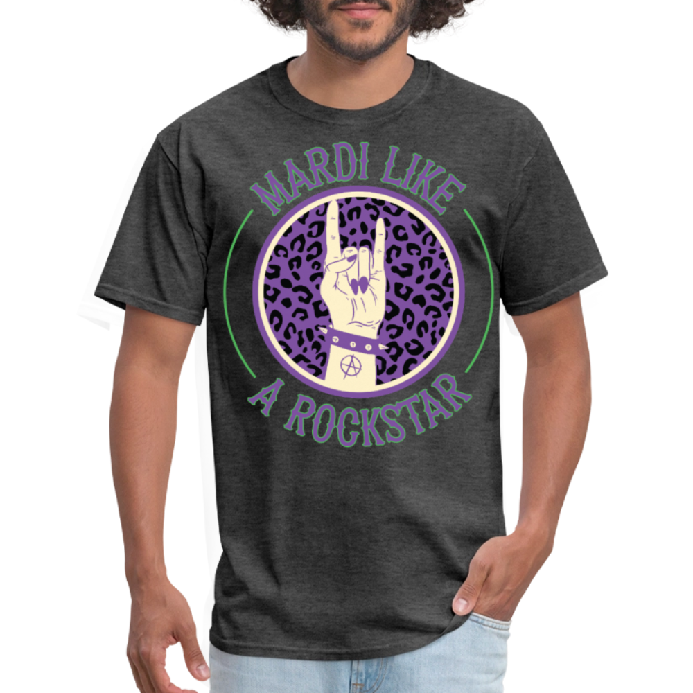 Leopard Print Rock Hand Gesture Tee Mardi Gras Rockstar T-shirt - heather black