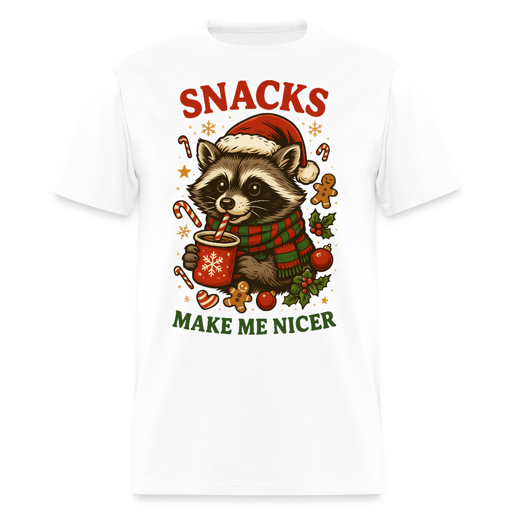 Snacks Make Me Nicer Raccoon Christmas T-Shirt - white